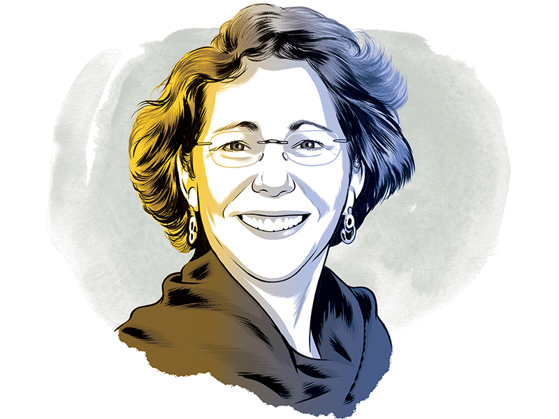 Blue and gold illustration of Sandy Magnus